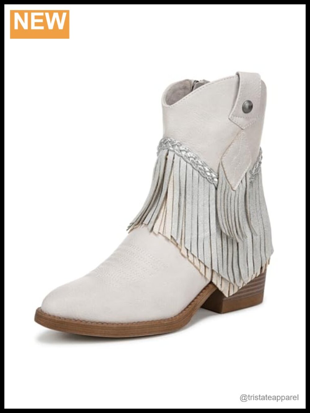 Faux Leather Fringe Ankle Boots - Western Bootie - 2 Inch Block Heel - Almond